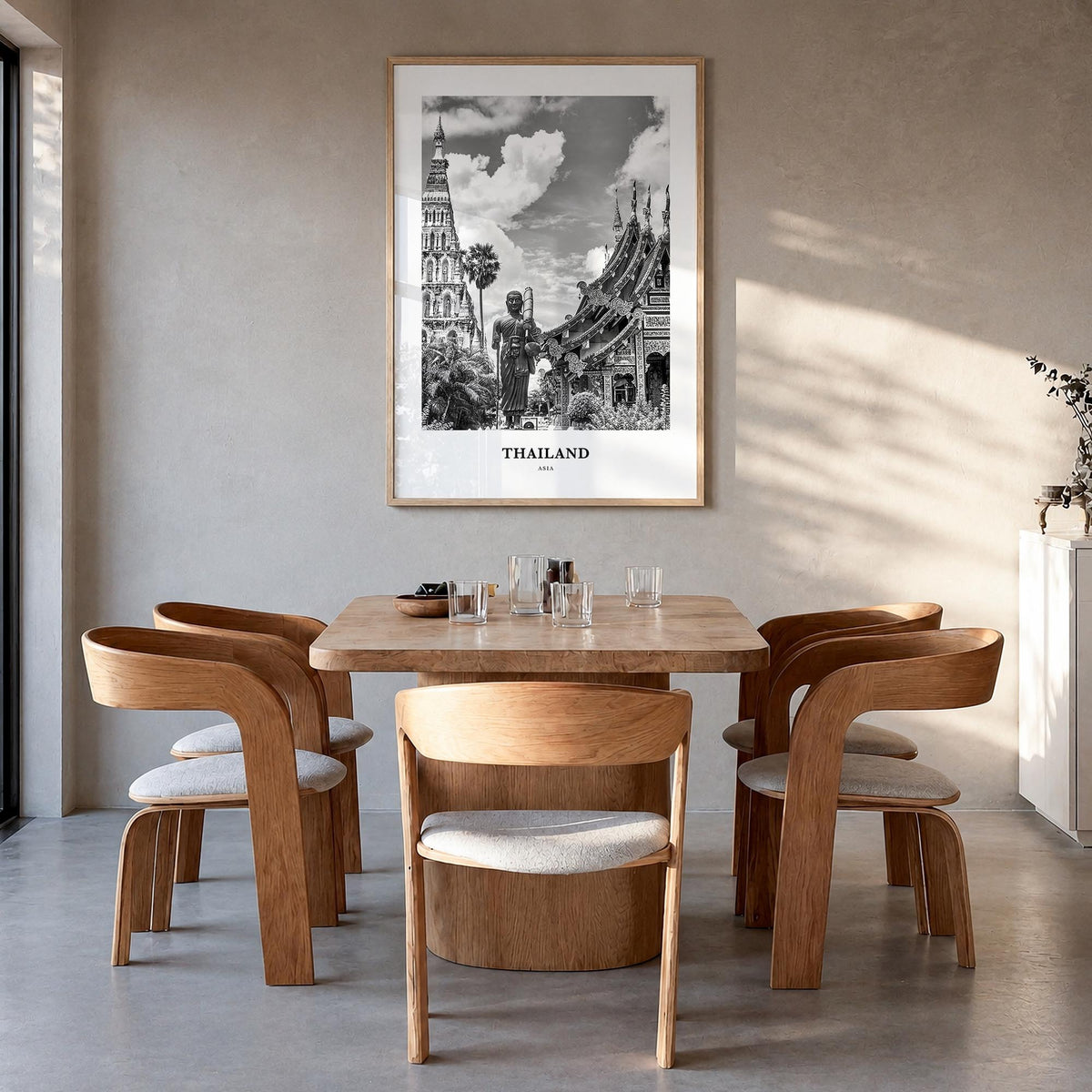 Thailand no. 2 black & white classic poster of Asia – vertical wall art in natural wood frame, hanging on wall