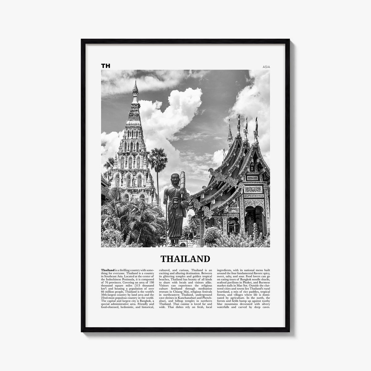 Thailand no. 2 black & white newspaper poster of Asia – vertical wall art, unframed print shown in interior mockup