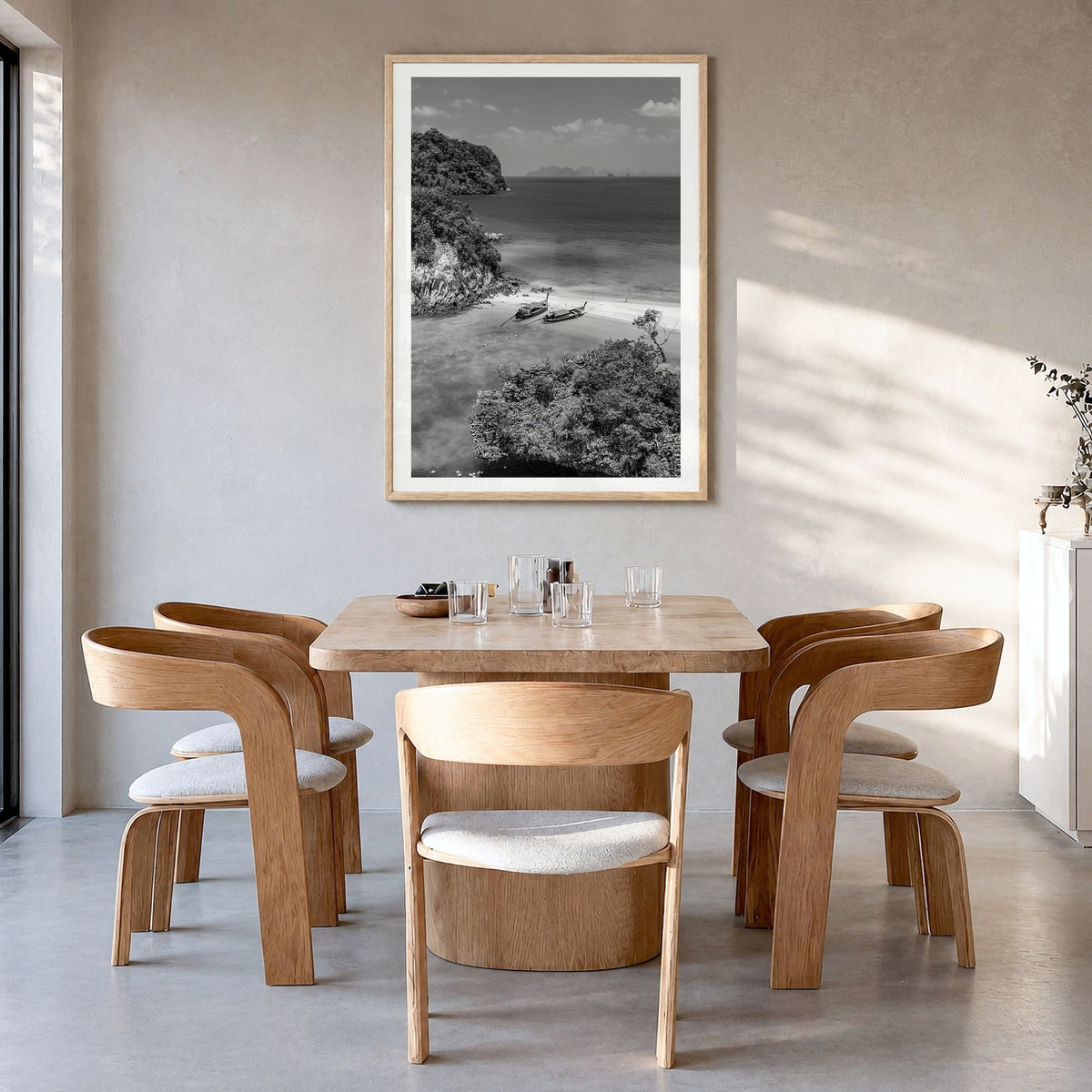 Thailand Photo No 2 Poster in a natural wood frame, hanging in a dining room, white border