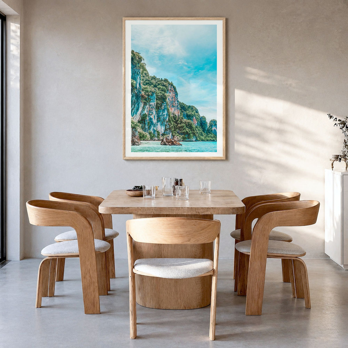Thailand Photo No 1 Poster in a natural wood frame, hanging in a dining room, white border