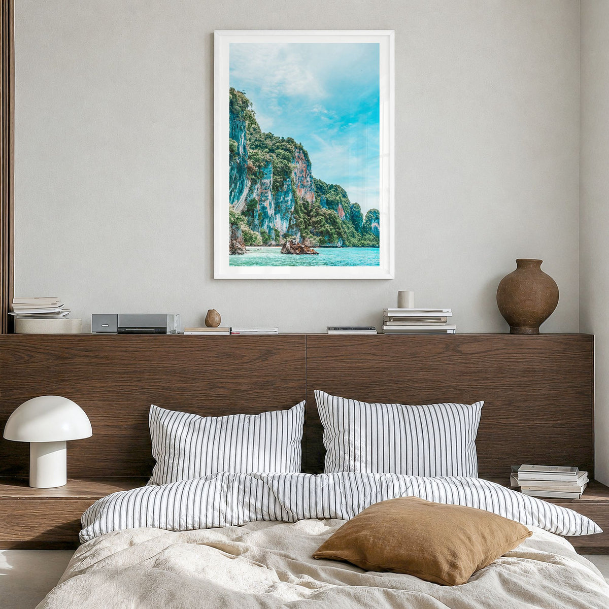 Thailand Photo No 1 Poster in a white wood frame, hanging in a bedroom, white border
