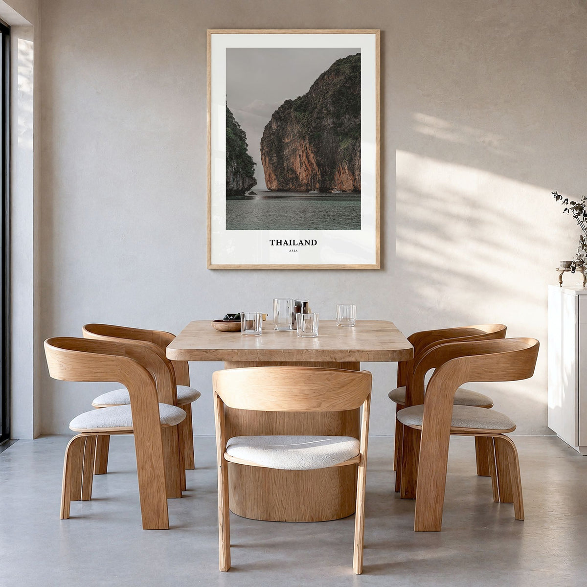 Thailand Classic Poster in a natural wood frame, hanging in a dining room