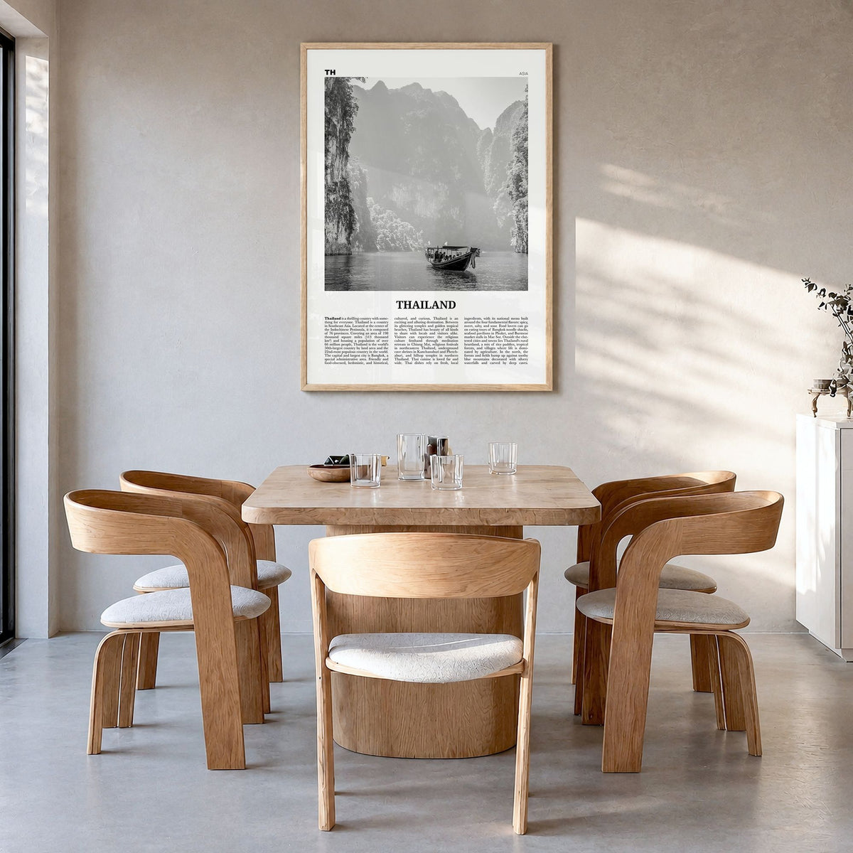 Thailand Newspaper No 1 Poster in a natural wood frame, hanging in a dining room