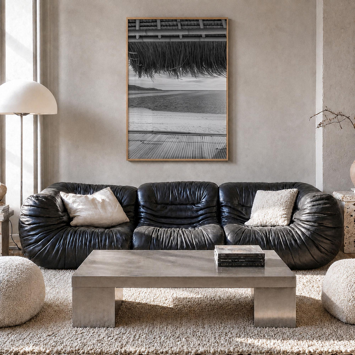 Thatched Hut no. 1 black & white photo poster – vertical wall art in natural wood frame, hanging on wall