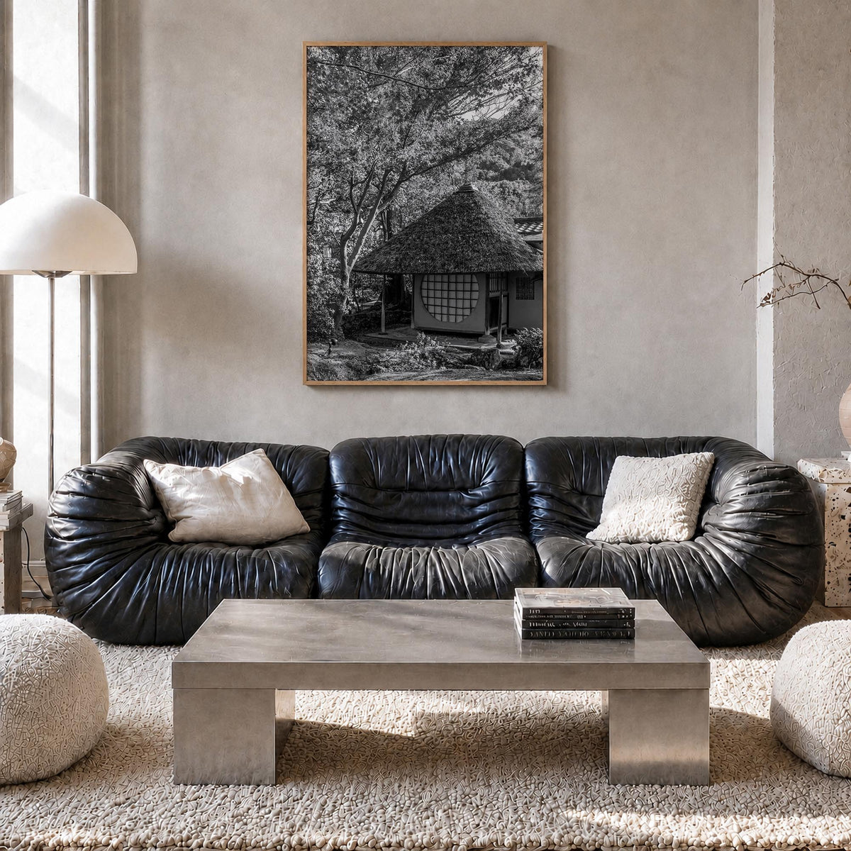 Thatched Hut no. 2 black & white photo poster – vertical wall art in natural wood frame, hanging on wall