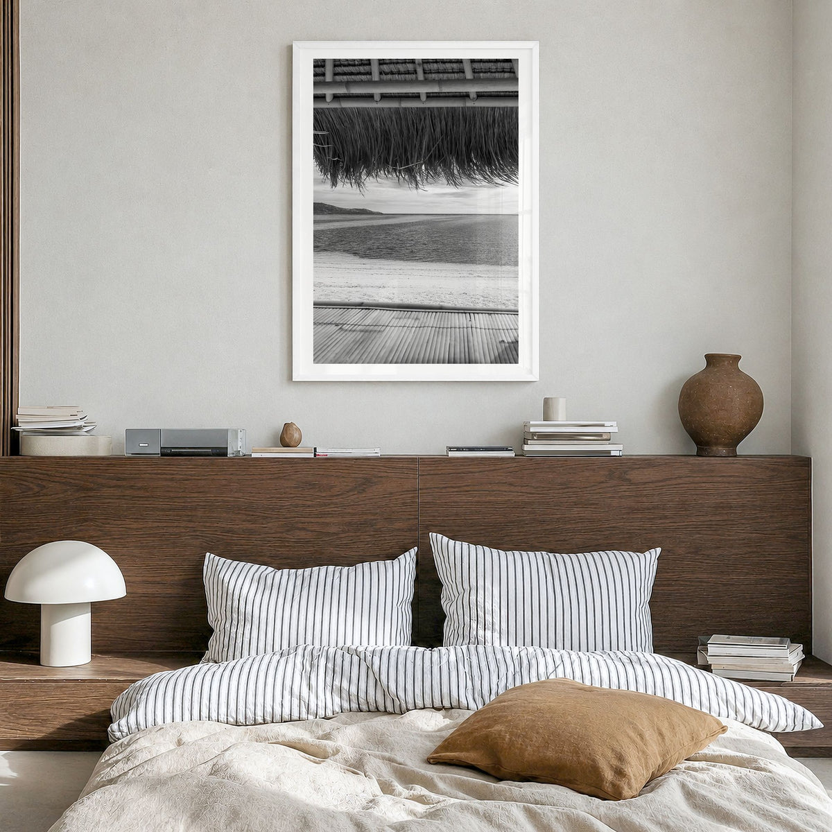 Thatched Hut Photo No 1 Poster in a white wood frame, hanging in a bedroom, white border