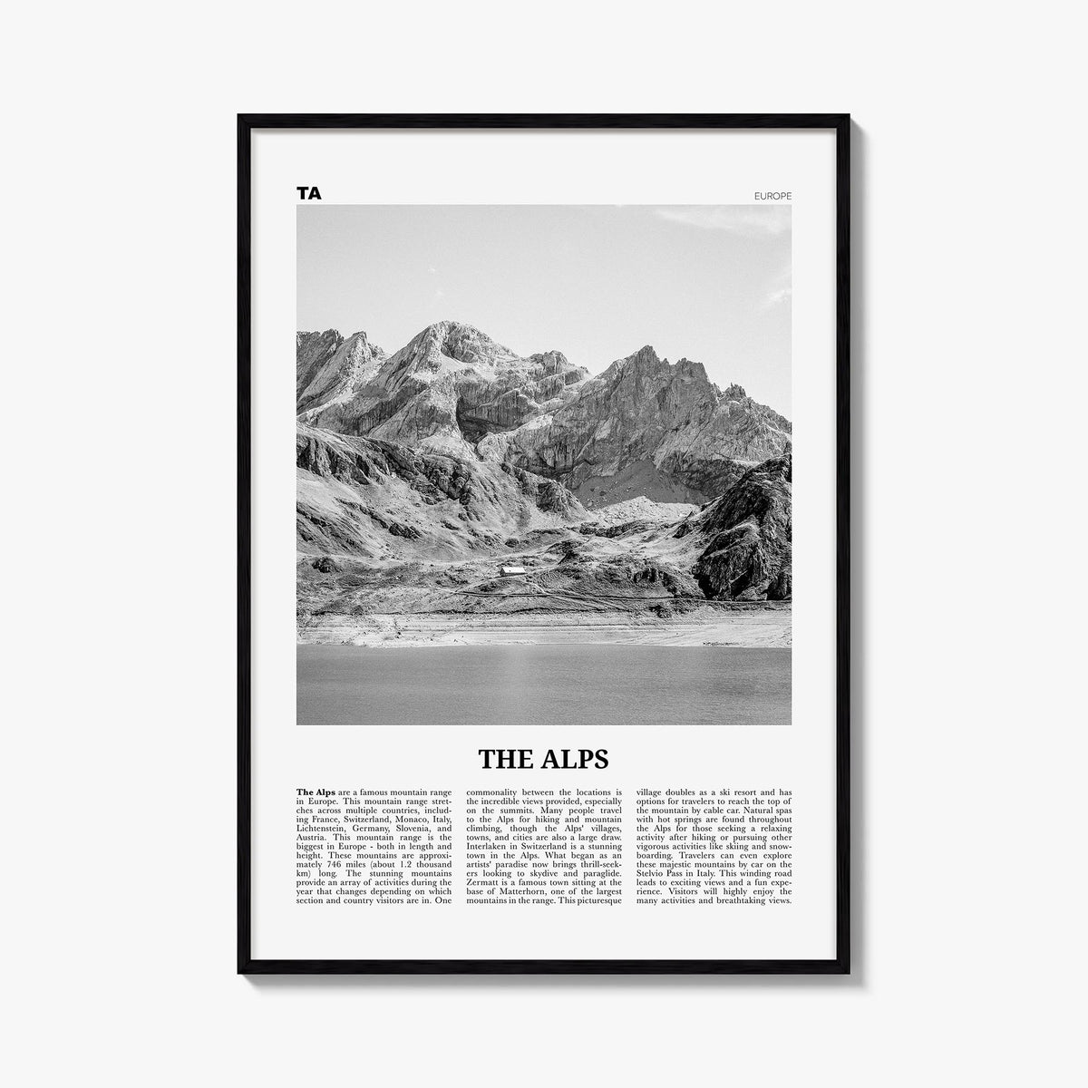 The Alps black & white newspaper poster of Europe – vertical wall art, unframed print shown in interior mockup