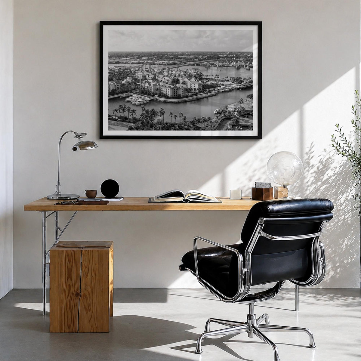 The Bahamas black & white photo poster of Caribbean – horizontal wall art in black wood frame with white border, hanging on w