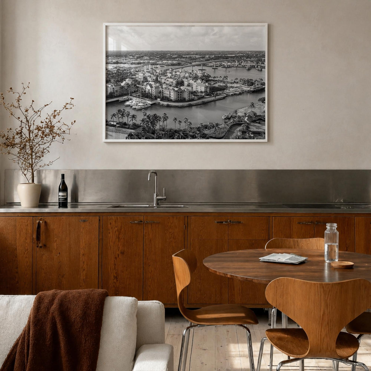 The Bahamas black & white photo poster of Caribbean – horizontal wall art in white wood frame, hanging on wall