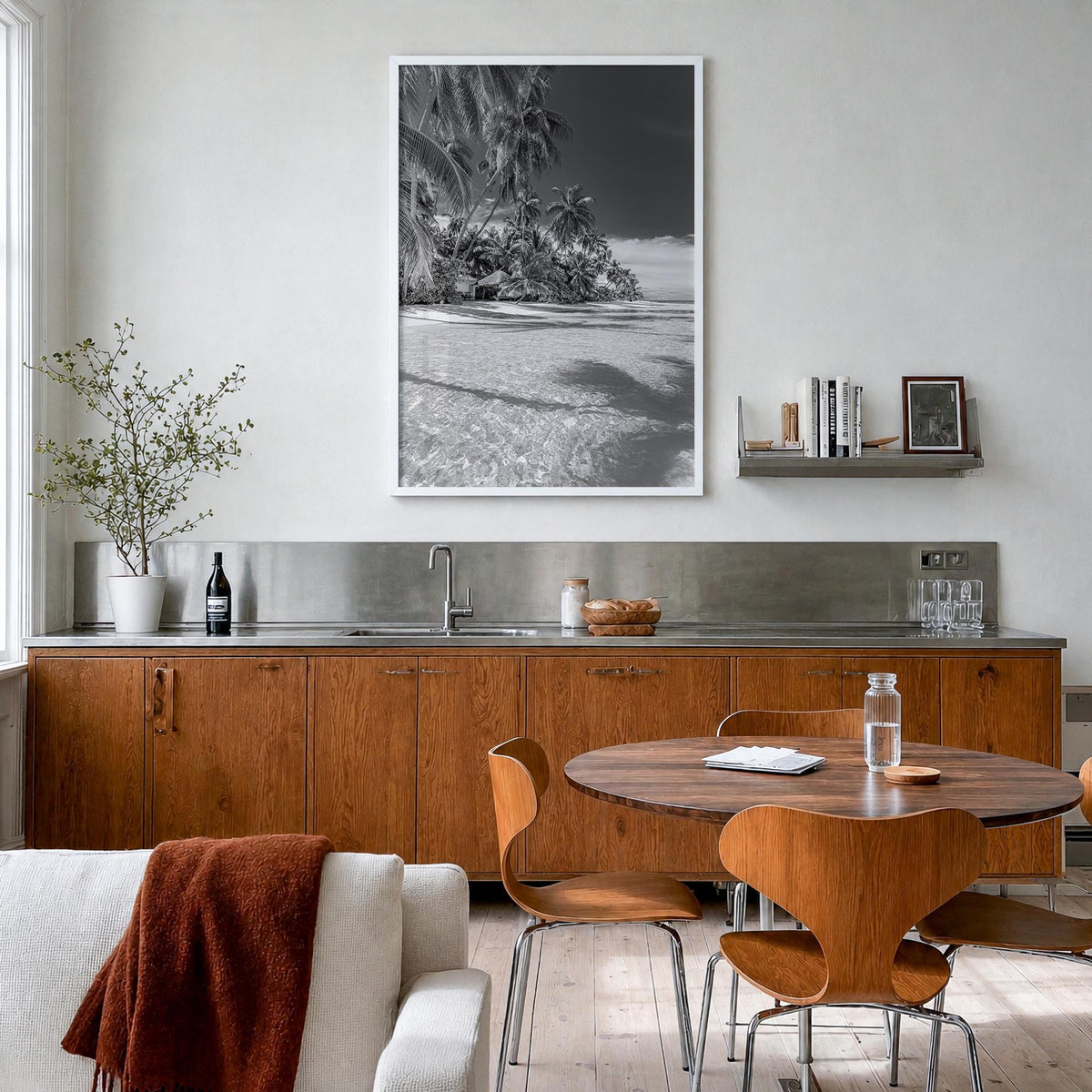 The Bahamas black & white photo poster of Caribbean – vertical wall art in white wood frame, hanging on wall