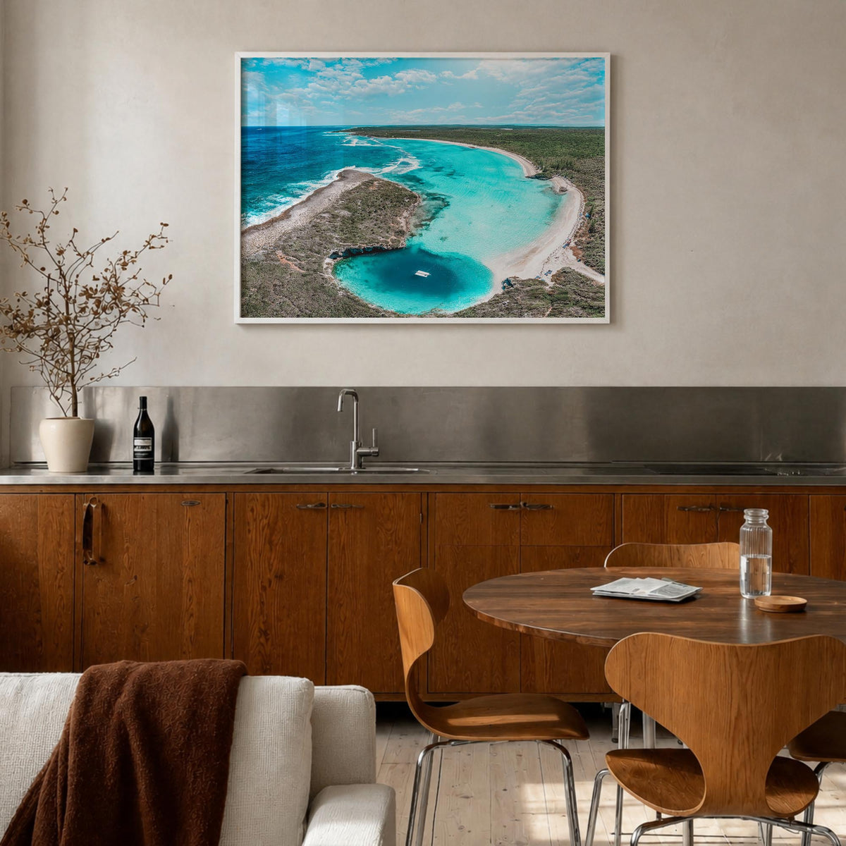 The Bahamas colorful photo poster of Caribbean – horizontal wall art in white wood frame, hanging on wall