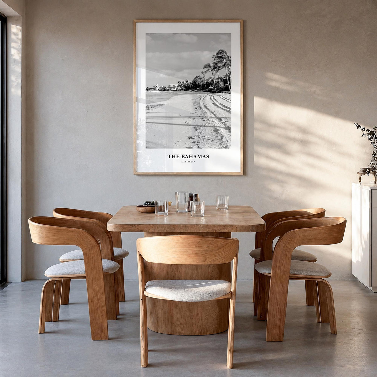 The Bahamas no. 1 black & white classic poster of Caribbean – vertical wall art in natural wood frame, hanging on wall