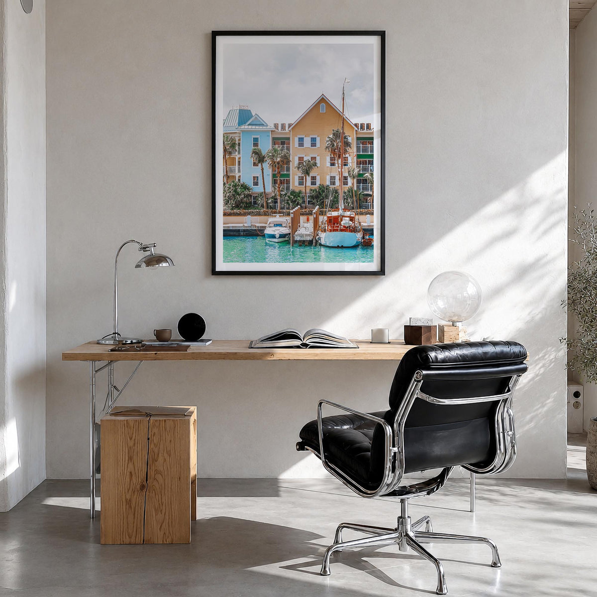 The Bahamas no. 1 colorful photo poster of Caribbean – vertical wall art in black wood frame with white border, hanging on wa