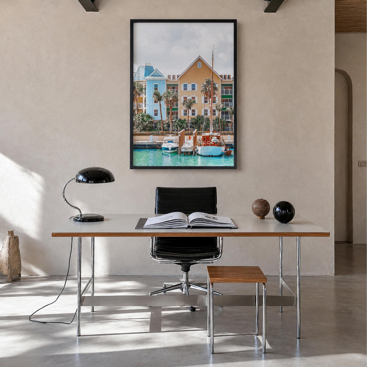 The Bahamas no. 1 colorful photo poster of Caribbean – vertical wall art in black wood frame, hanging on wall