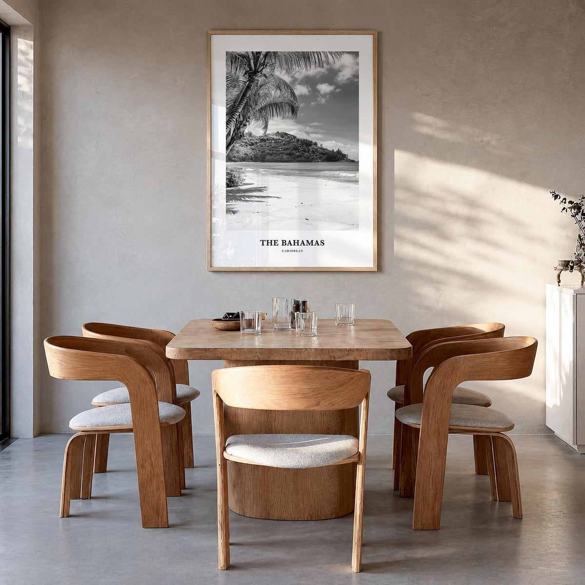 The Bahamas no. 2 black & white classic poster of Caribbean – vertical wall art in natural wood frame, hanging on wall