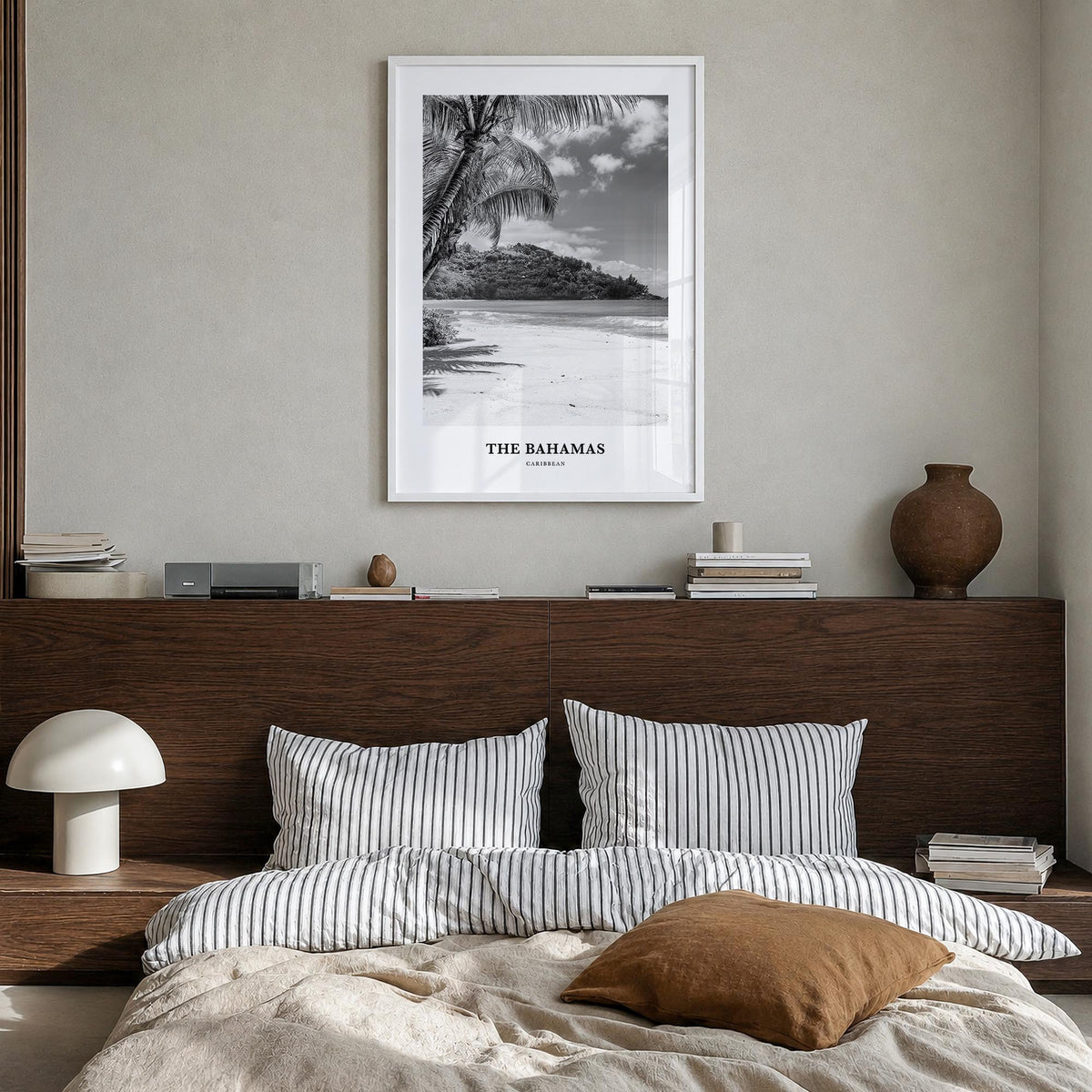 The Bahamas no. 2 black & white classic poster of Caribbean – vertical wall art in white wood frame, hanging on wall