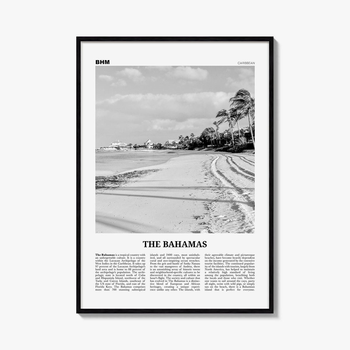 The Bahamas no. 2 black & white newspaper poster of Caribbean – vertical wall art, unframed print shown in interior mockup