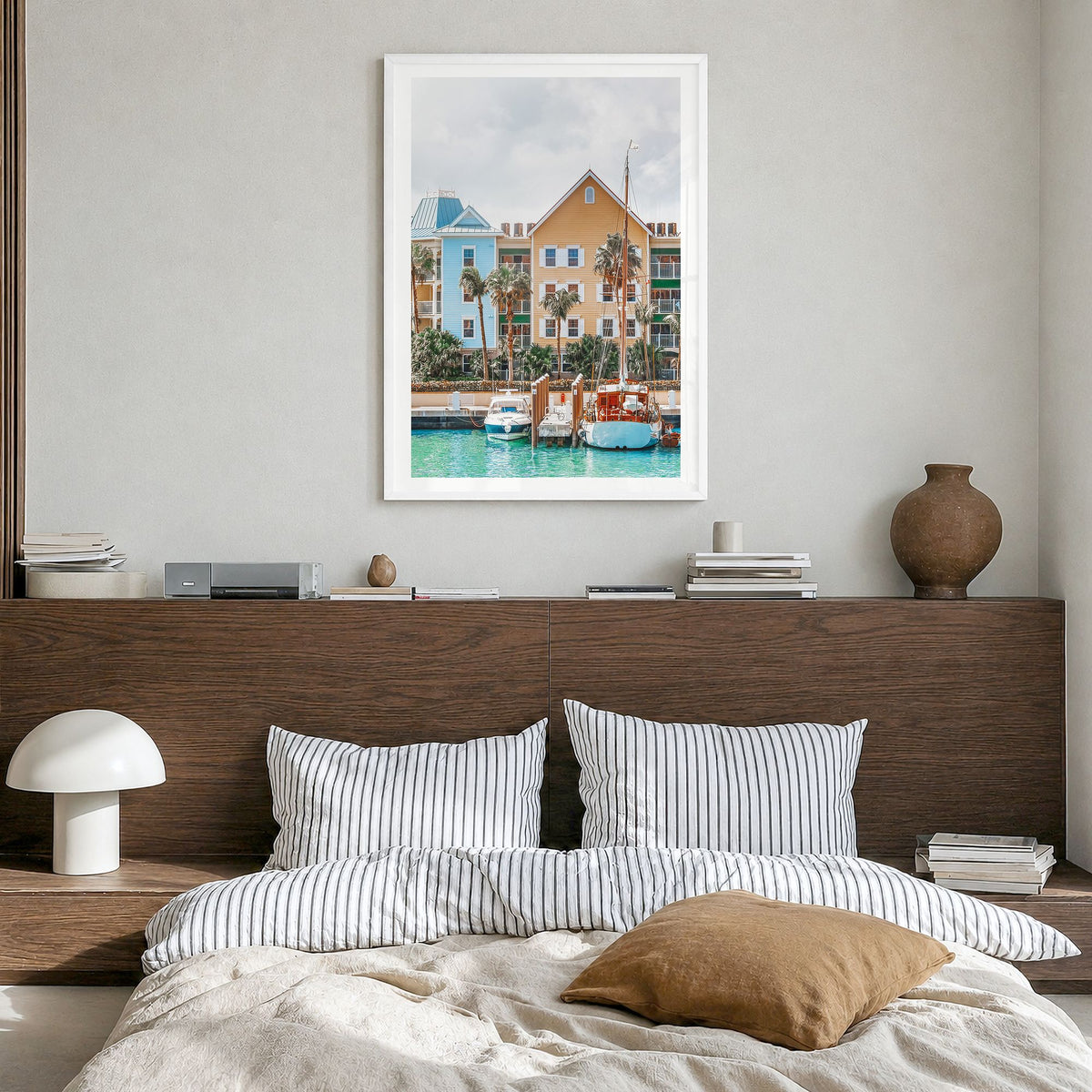 The Bahamas Photo No 1 Poster in a white wood frame, hanging in a bedroom, white border