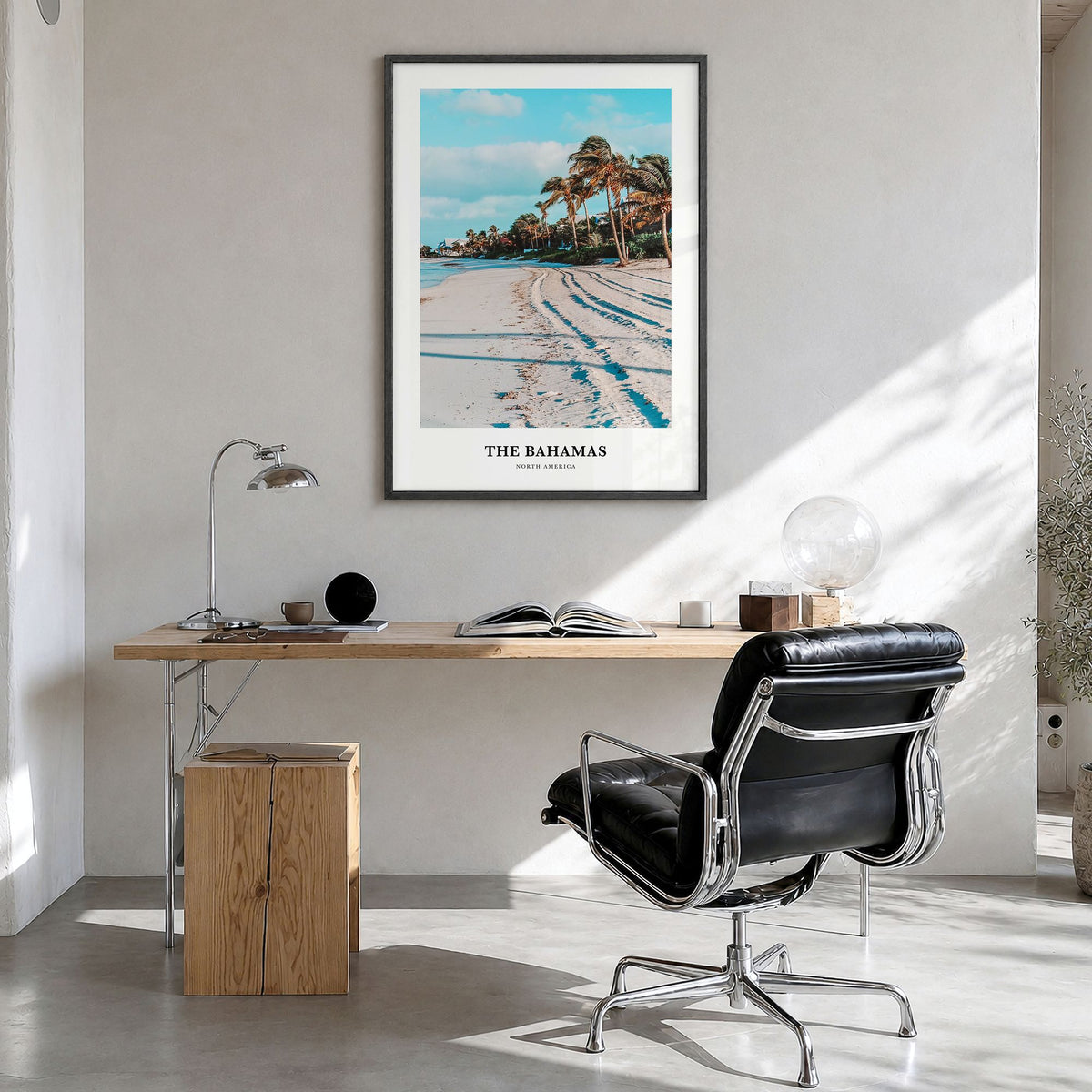 The Bahamas Classic Poster in a black wood frame, hanging in a bright home office