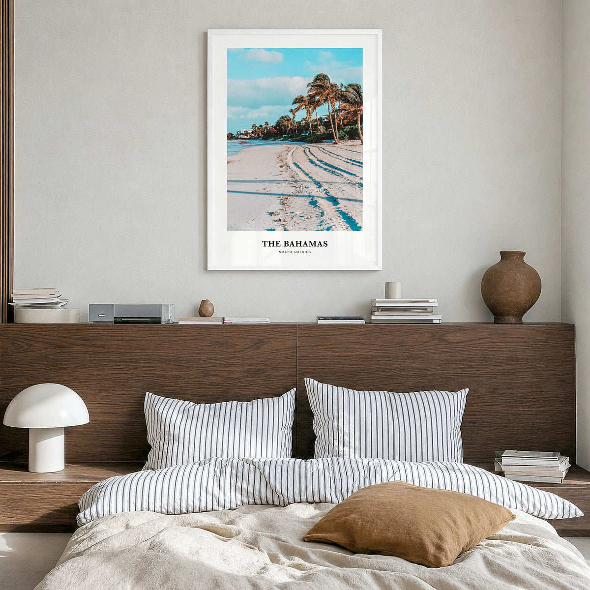The Bahamas Classic Poster in a white wood frame, hanging in a bedroom