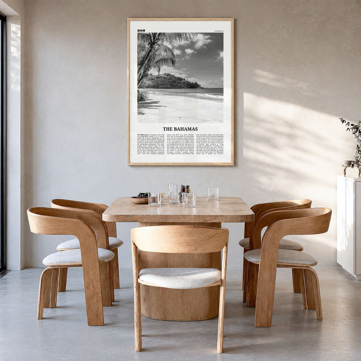 The Bahamas Newspaper No 1 Poster in a natural wood frame, hanging in a dining room