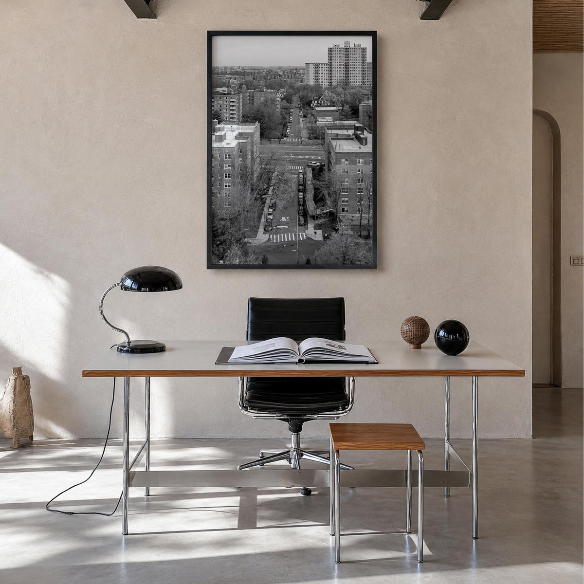 The Bronx black & white photo poster of New York City, New York – vertical wall art in black wood frame, hanging on wall