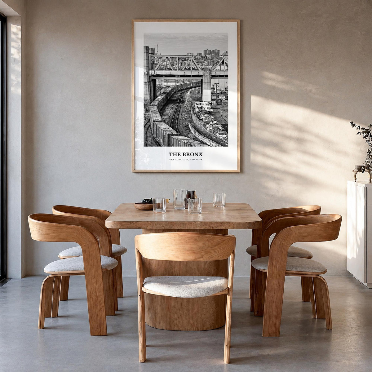 The Bronx no. 1 black & white classic poster of New York City, New York – vertical wall art in natural wood frame, hanging on