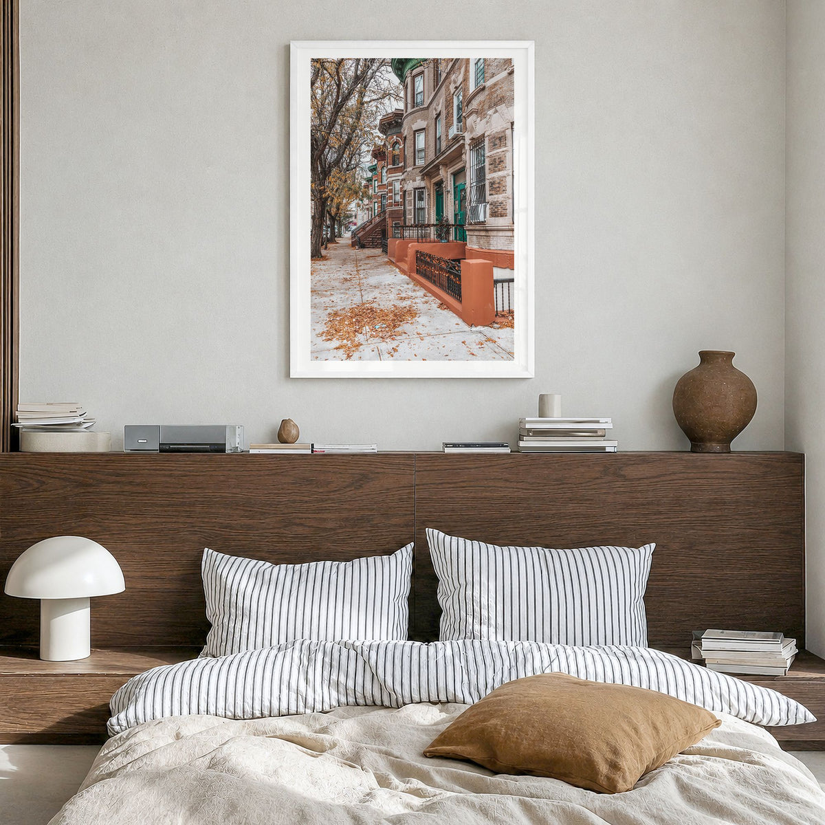 The Bronx Photo No 3 Poster in a white wood frame, hanging in a bedroom, white border