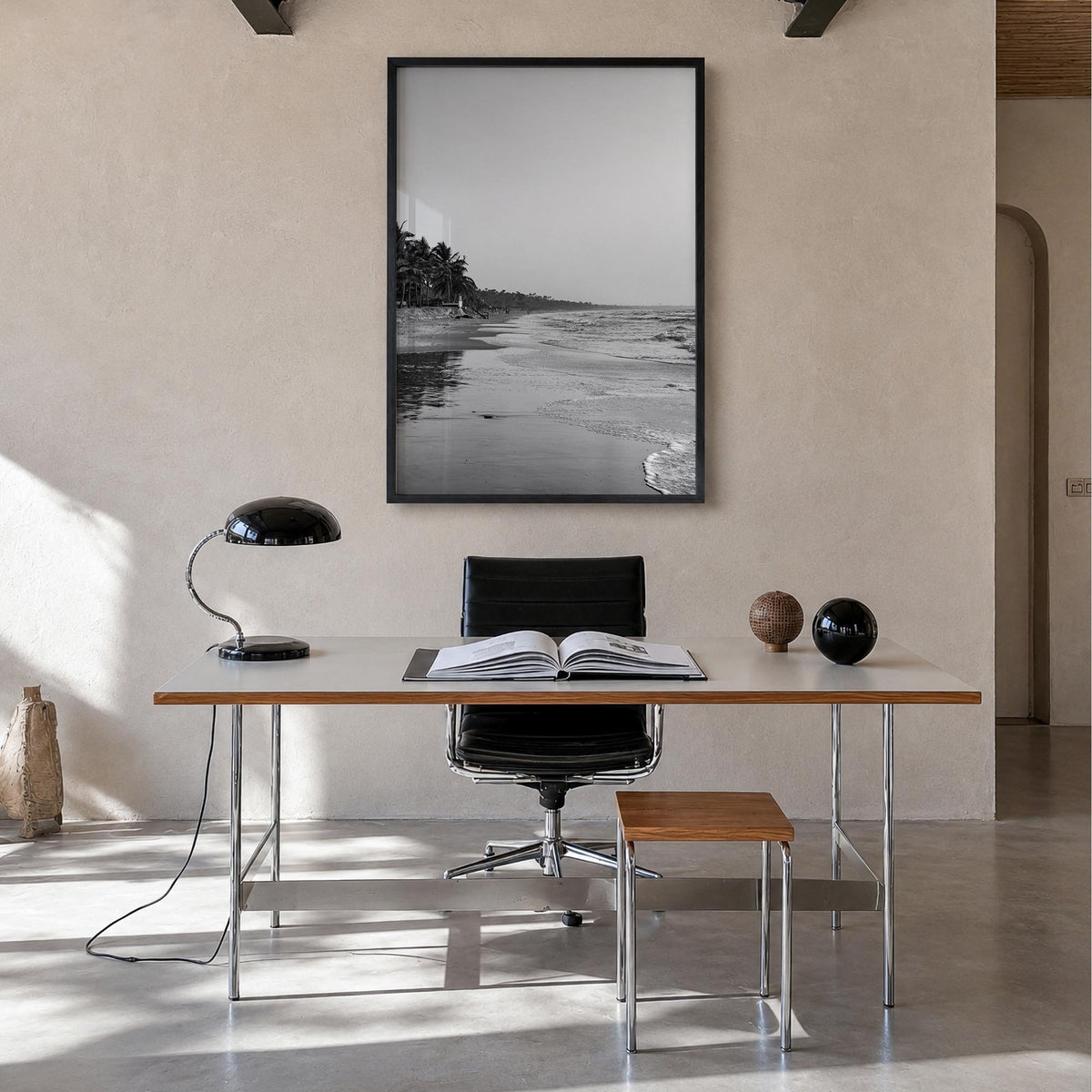 The Gambia black & white photo poster of Africa – vertical wall art in black wood frame, hanging on wall