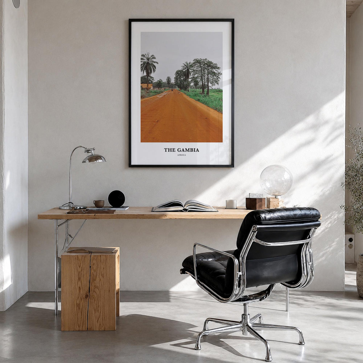 The Gambia colorful classic poster of Africa – vertical wall art in black wood frame, hanging on wall