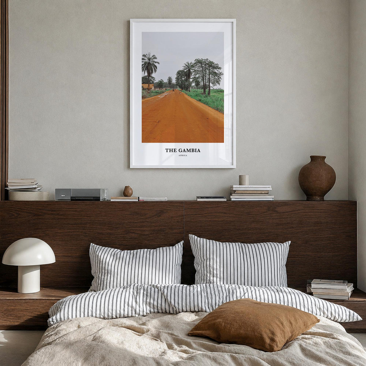 The Gambia colorful classic poster of Africa – vertical wall art in white wood frame, hanging on wall