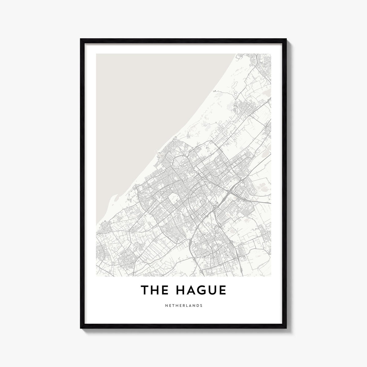 The Hague black & white map poster of Netherlands – vertical wall art, unframed print shown in interior mockup