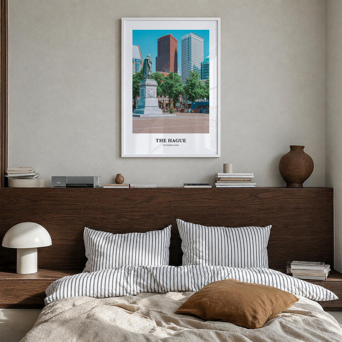 The Hague colorful classic poster of Netherlands – vertical wall art in white wood frame, hanging on wall