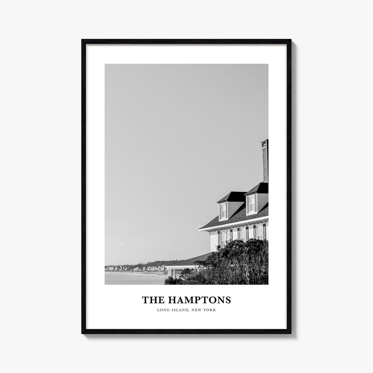 The Hamptons black & white classic poster of Long Island, New York – vertical wall art, unframed print shown in interior mock