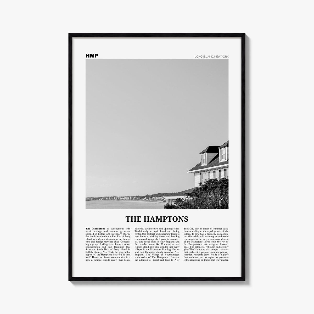 The Hamptons black & white newspaper poster of Long Island, New York – vertical wall art, unframed print shown in interior mo