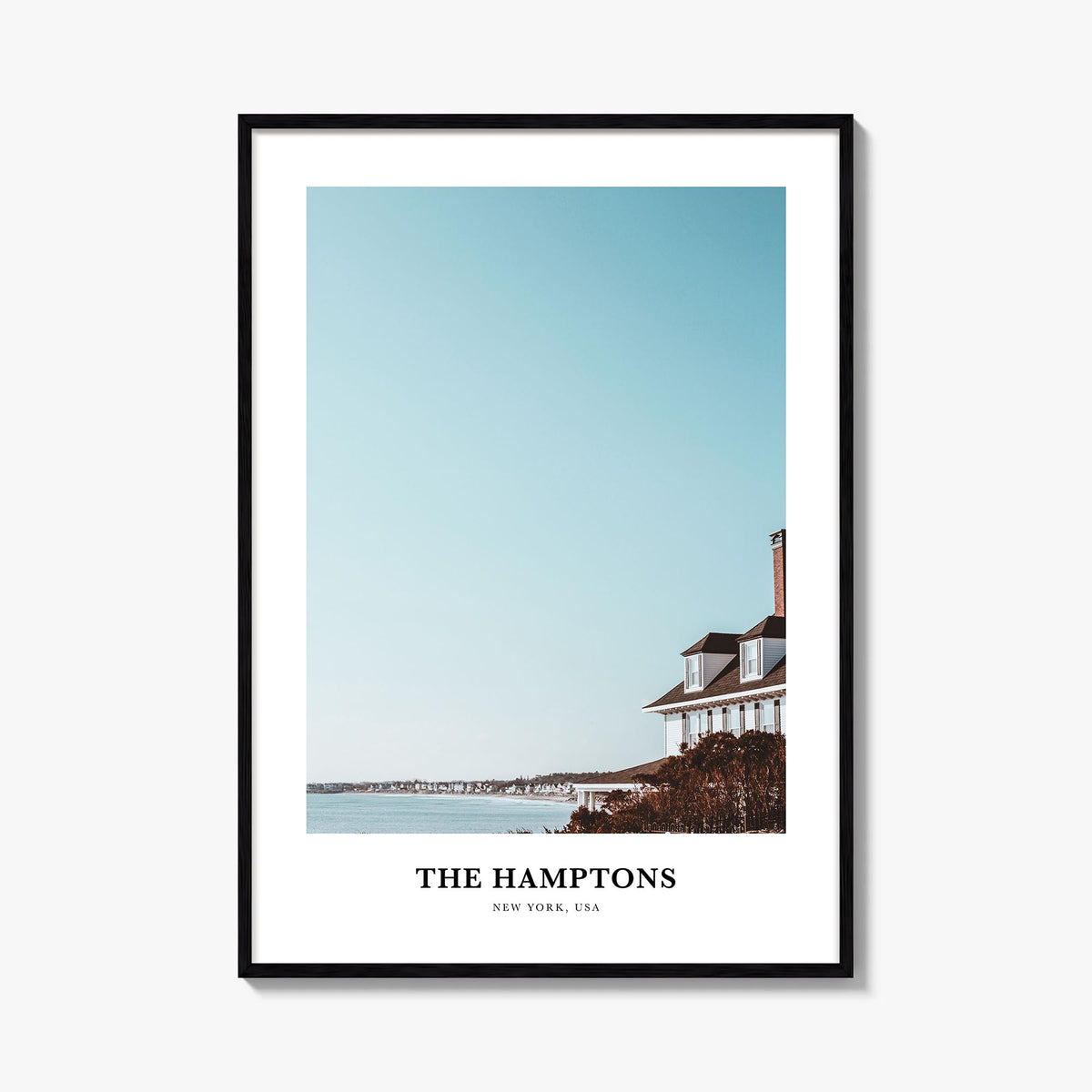The Hamptons colorful classic poster of Long Island, New York – vertical wall art, unframed print shown in interior mockup