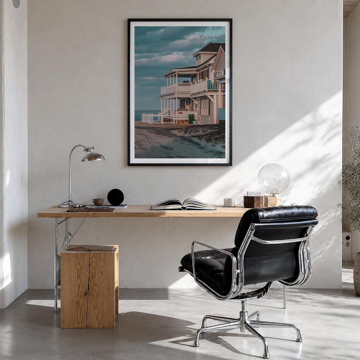 The Hamptons colorful photo poster of Long Island, New York – vertical wall art in black wood frame with white border, hangin