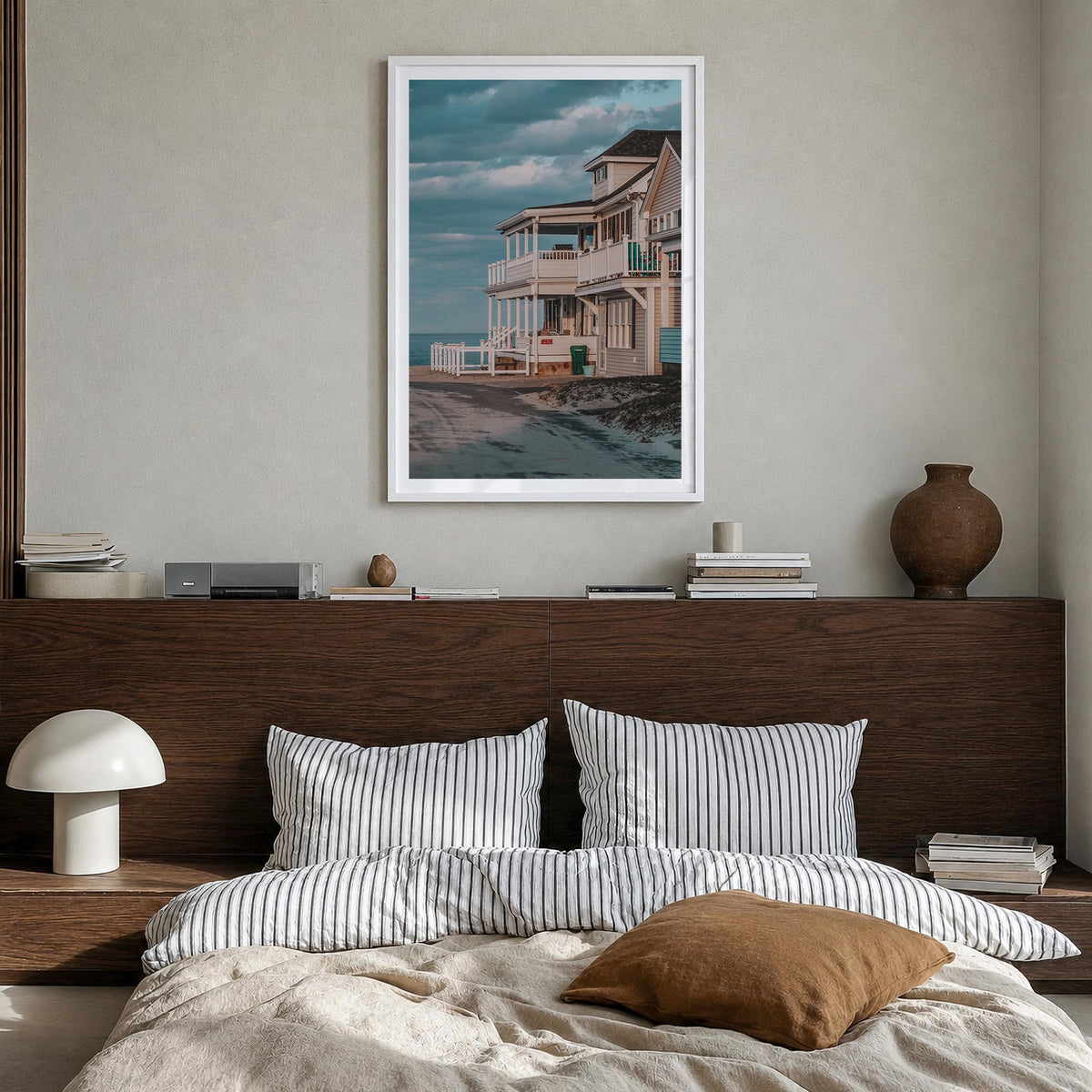 The Hamptons colorful photo poster of Long Island, New York – vertical wall art in white wood frame with white border, hangin