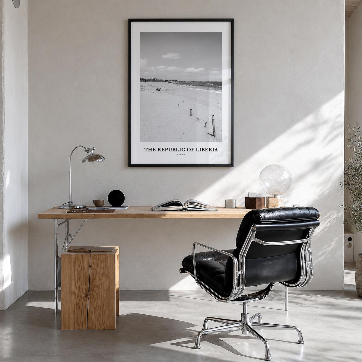 The Republic of Liberia black & white classic poster of Liberia – vertical wall art in black wood frame, hanging on wall