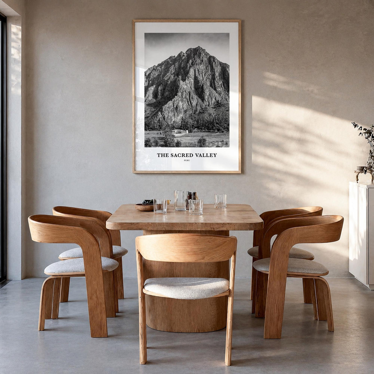 The Sacred Valley black & white classic poster of Peru – vertical wall art in natural wood frame, hanging on wall