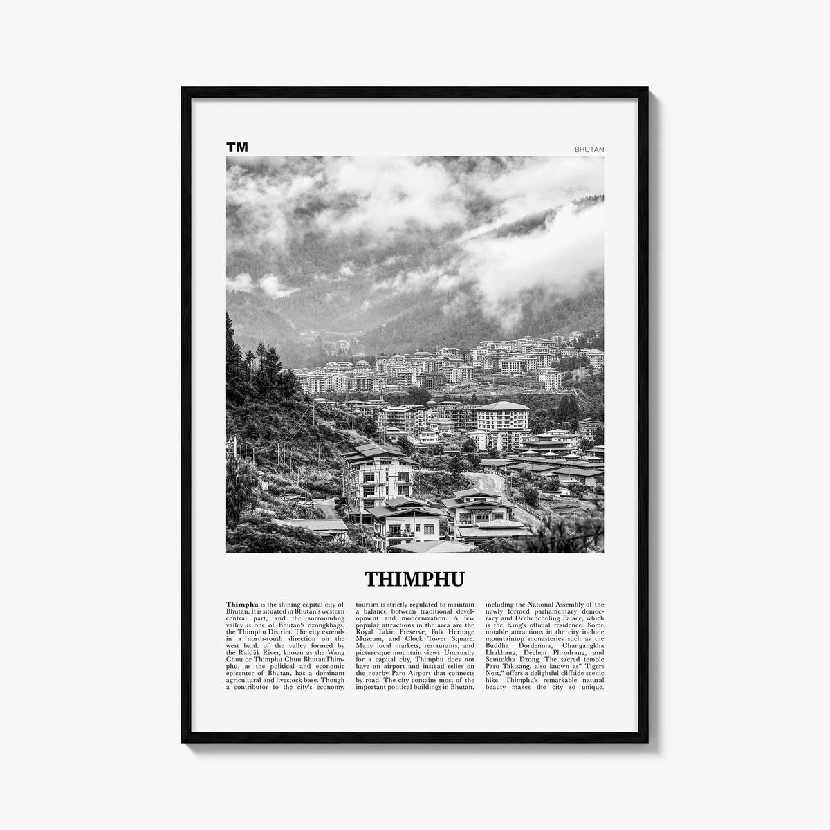 Thimphu black & white newspaper poster of Bhutan – vertical wall art, unframed print shown in interior mockup