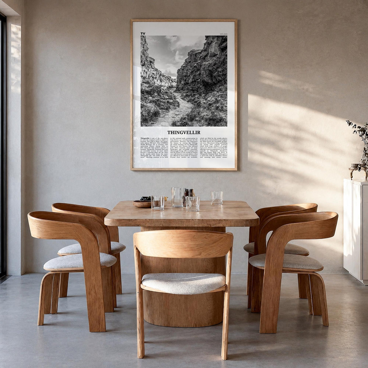 Thingvellir National Park black & white newspaper poster of Iceland – vertical wall art in natural wood frame, hanging on wal