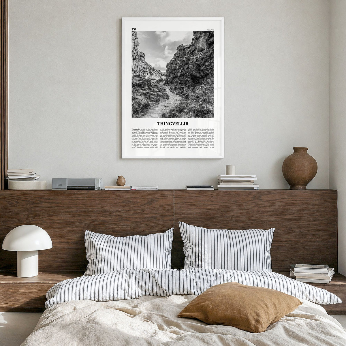 Thingvellir National Park Newspaper Poster in a white wood frame, hanging in a bedroom