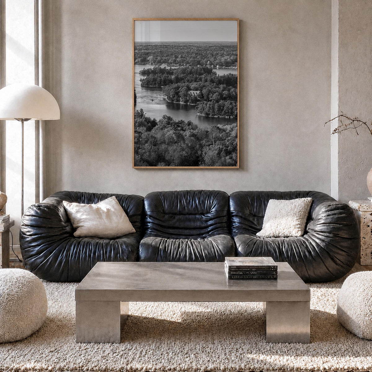 Thousand Islands black & white photo poster of New York, USA & Ontario, Canada – vertical wall art in natural wood frame, han