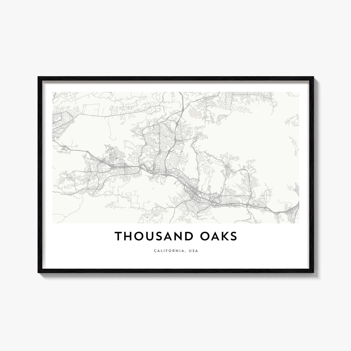 Thousand Oaks black & white map poster of California, USA – horizontal wall art, unframed print shown in interior mockup