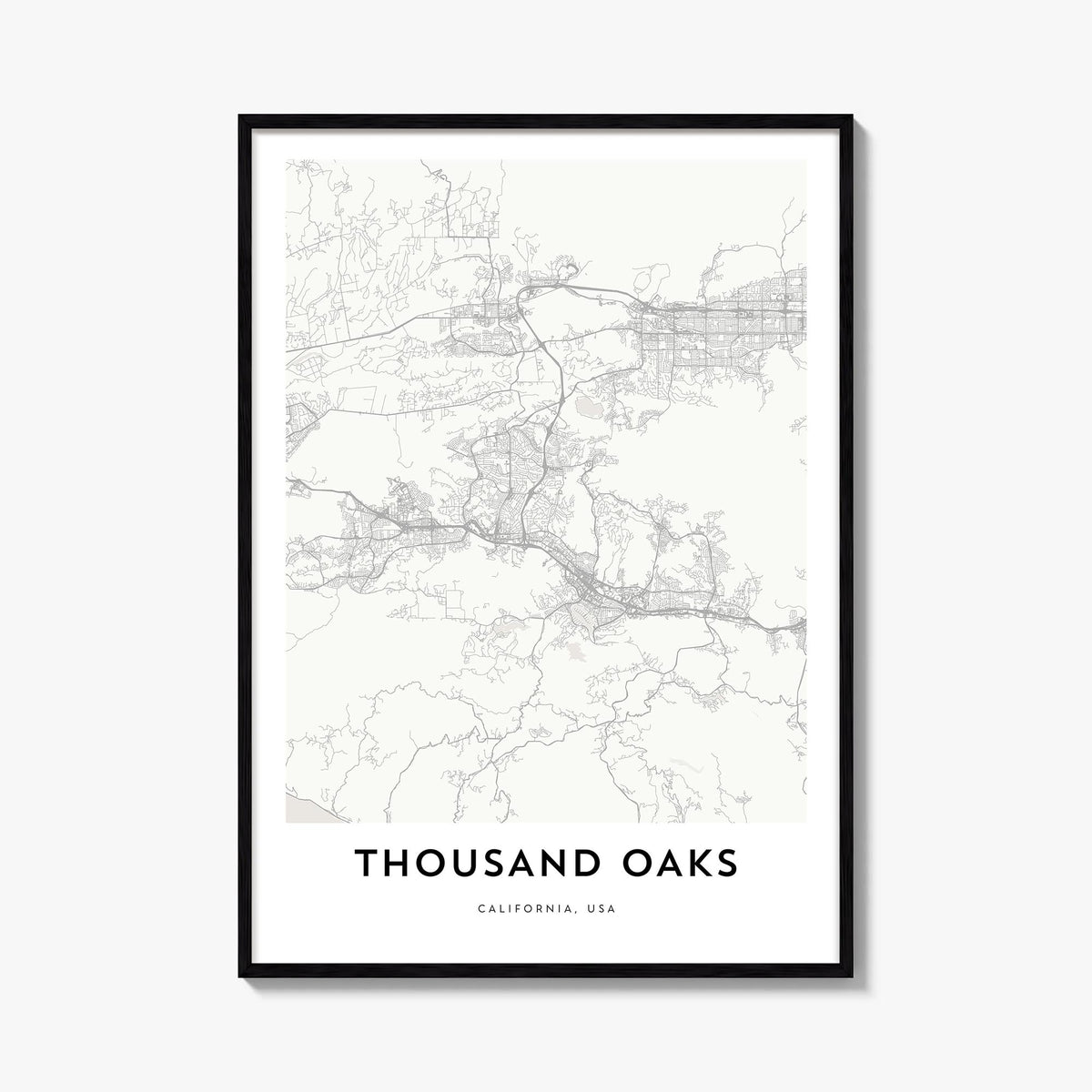 Thousand Oaks black & white map poster of California, USA – vertical wall art, unframed print shown in interior mockup