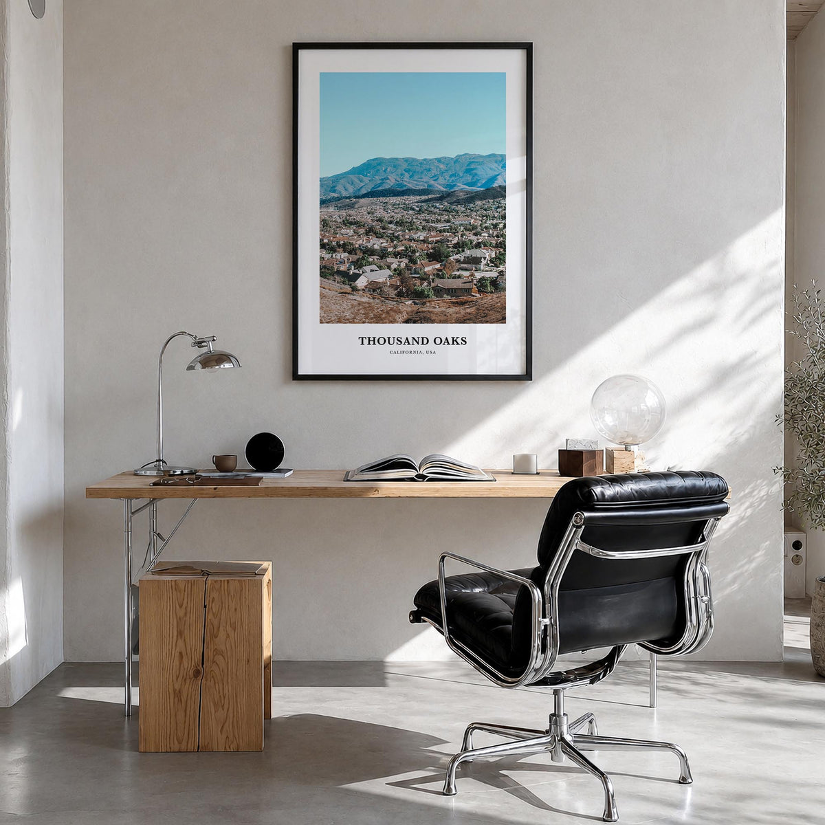 Thousand Oaks colorful classic poster of California, USA – vertical wall art in black wood frame, hanging on wall