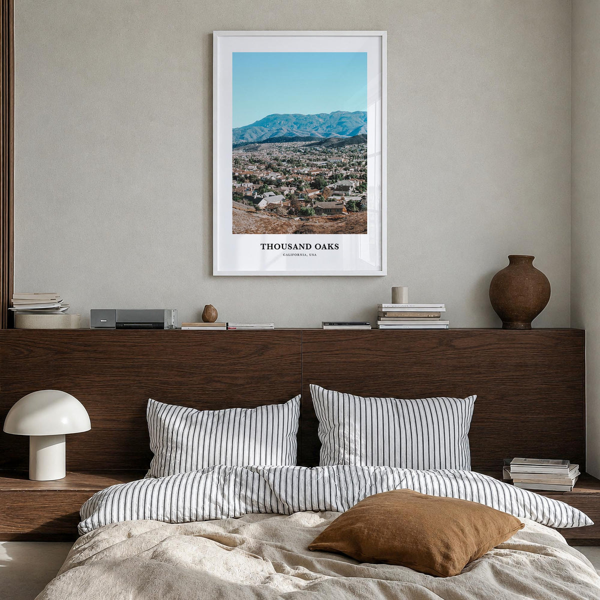 Thousand Oaks colorful classic poster of California, USA – vertical wall art in white wood frame, hanging on wall