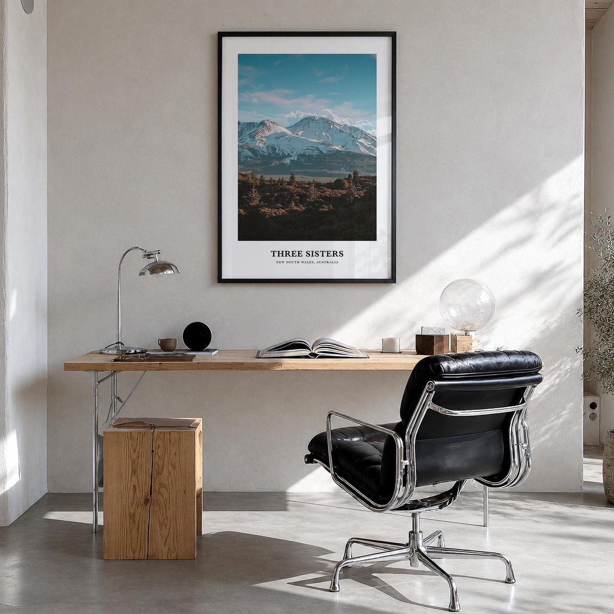 Three Sisters colorful classic poster of Oregon, USA – vertical wall art in black wood frame, hanging on wall
