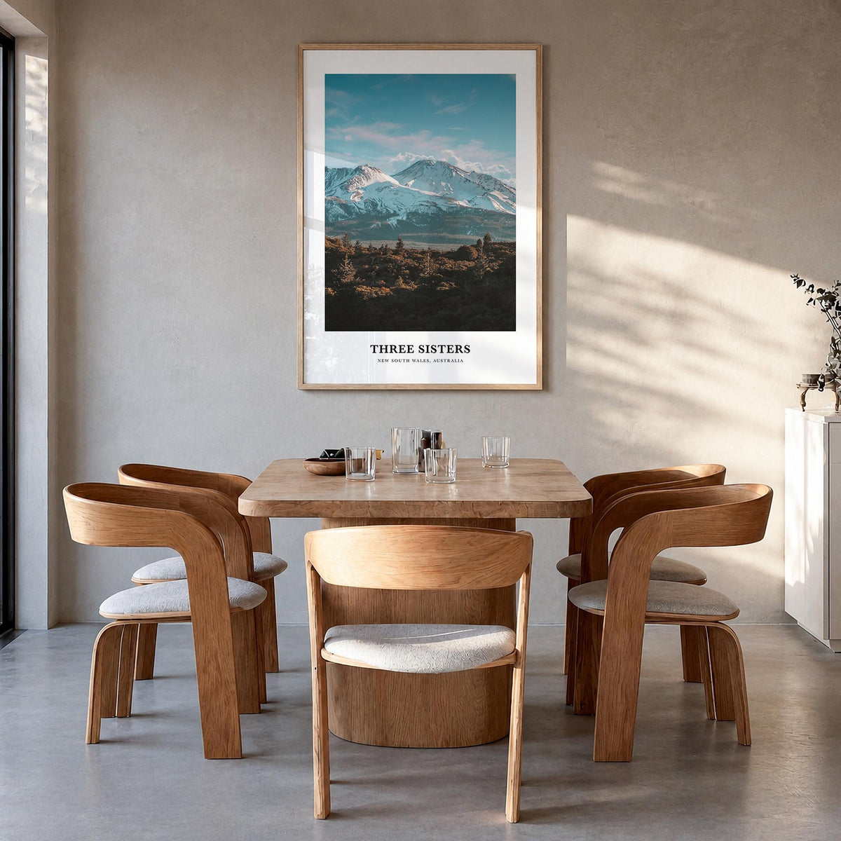 Three Sisters colorful classic poster of Oregon, USA – vertical wall art in natural wood frame, hanging on wall